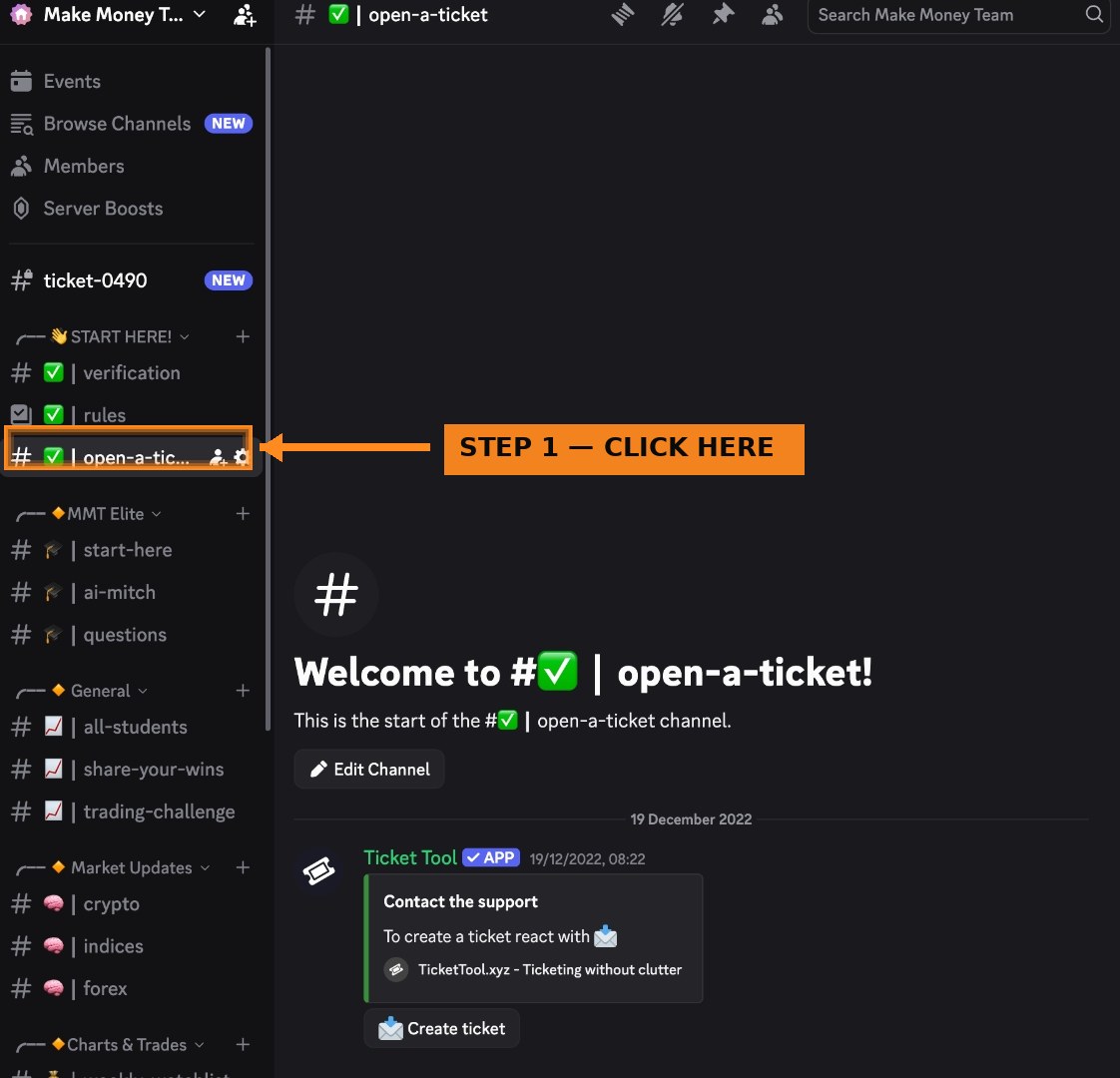 Step 2, click the open a ticket channel in the Discord sidebar