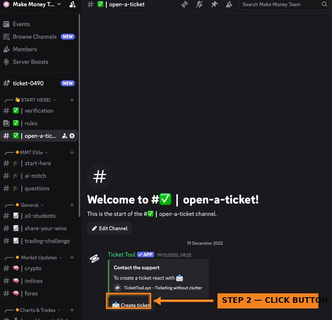 Step 3, click the Create ticket button inside the channel